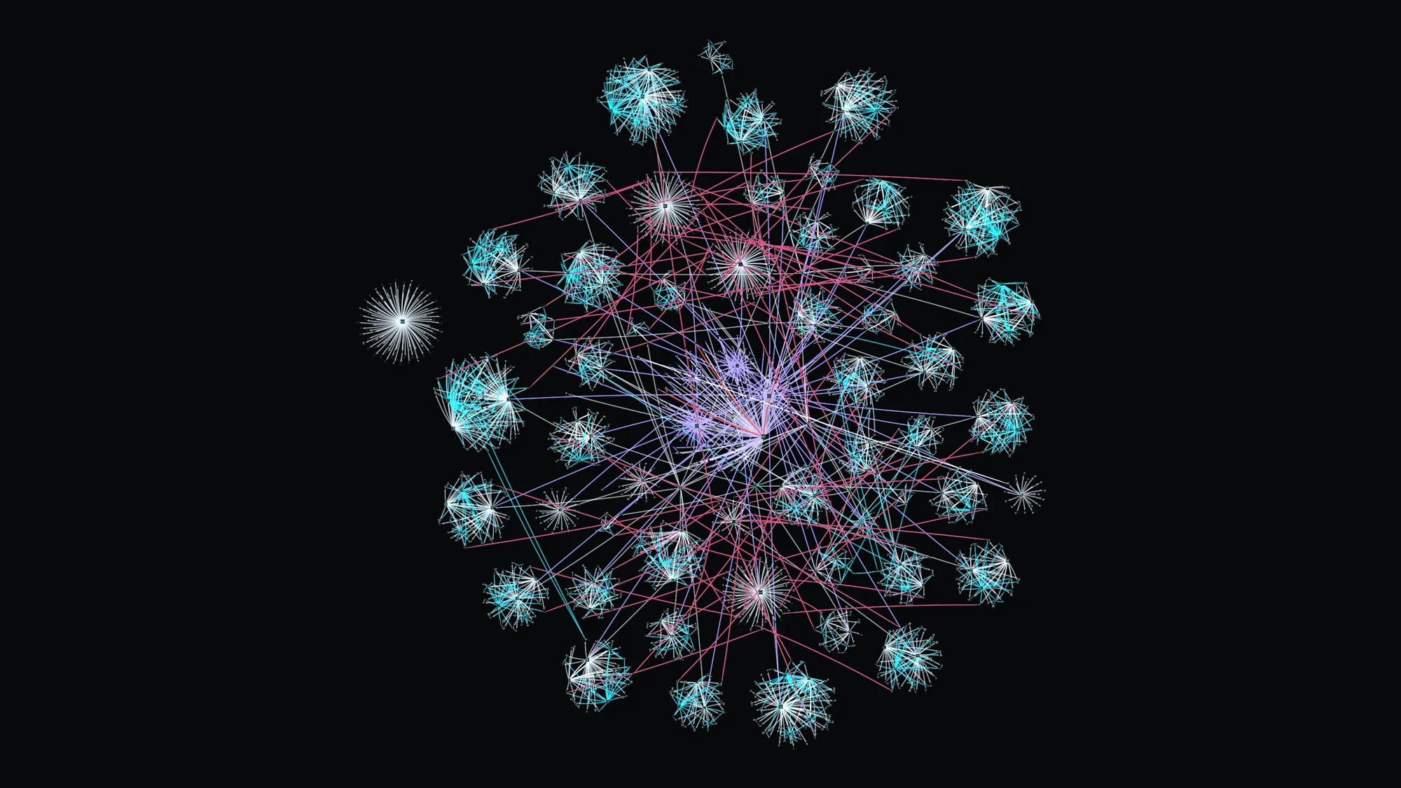 OneGlass network topology seen as a constellation: dozens of host clusters linked by network connections to a central virtualization hub