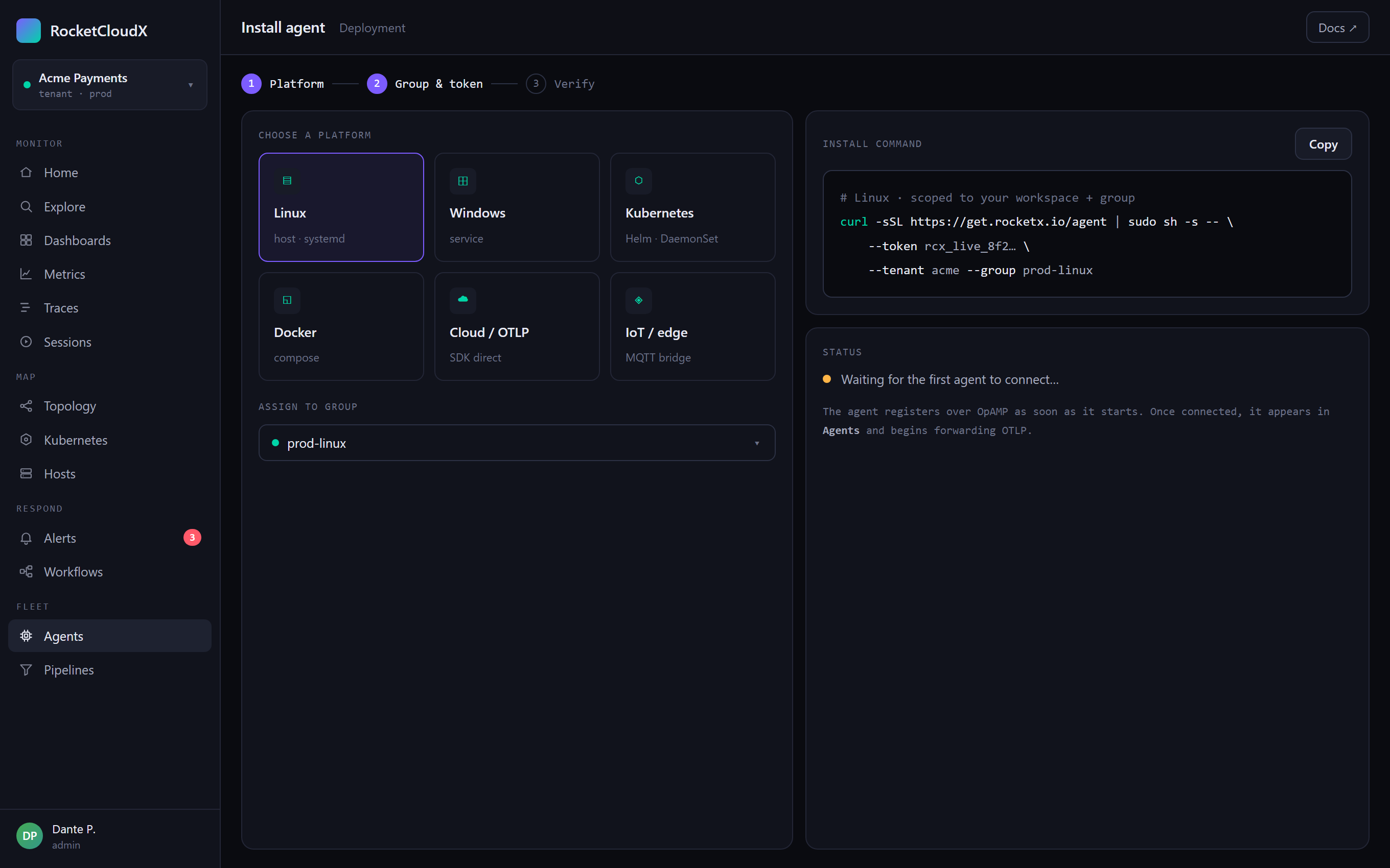 Install wizard: platform picker, group selector, generated one-line install command and connection status